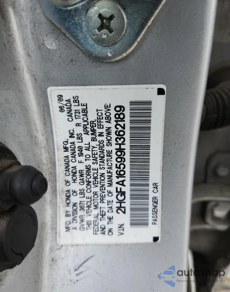 2009 Honda Civic Lx z USA, uszkodzony, nr VIN 2HGFA16599H362189